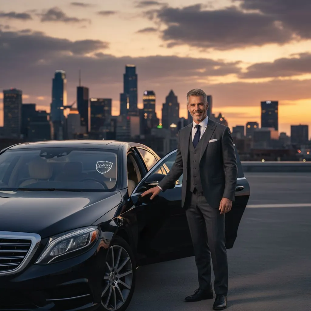 Professional chauffeur standing next to a clean airport car ready for pickup